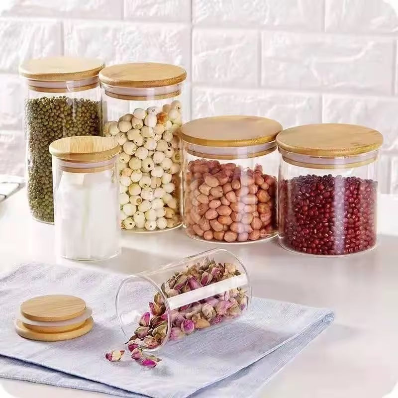 PACK OF 3 - Glass Jar With wooden Lid - Spice Jars